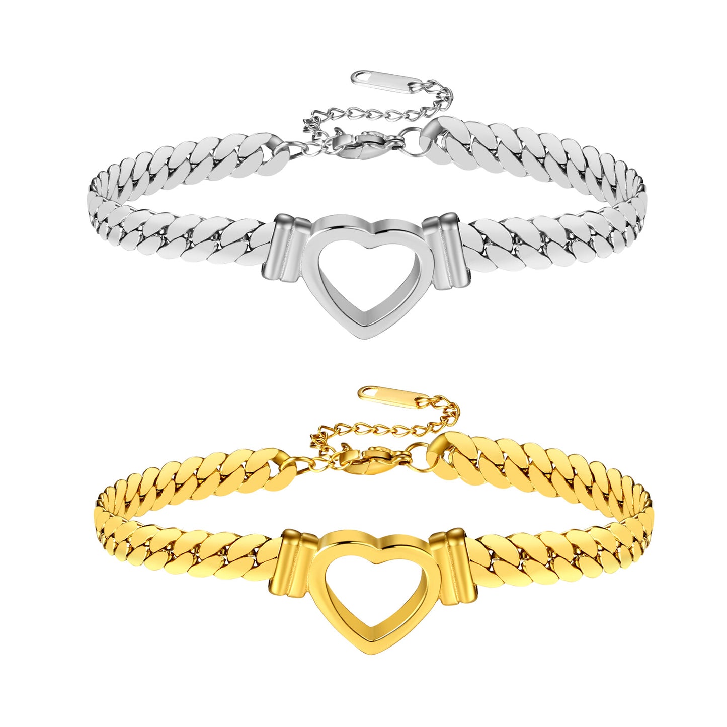 Women'S Chunky Cuban Link Bracelet Stainless Steel Flat Heart Chain Adjustable