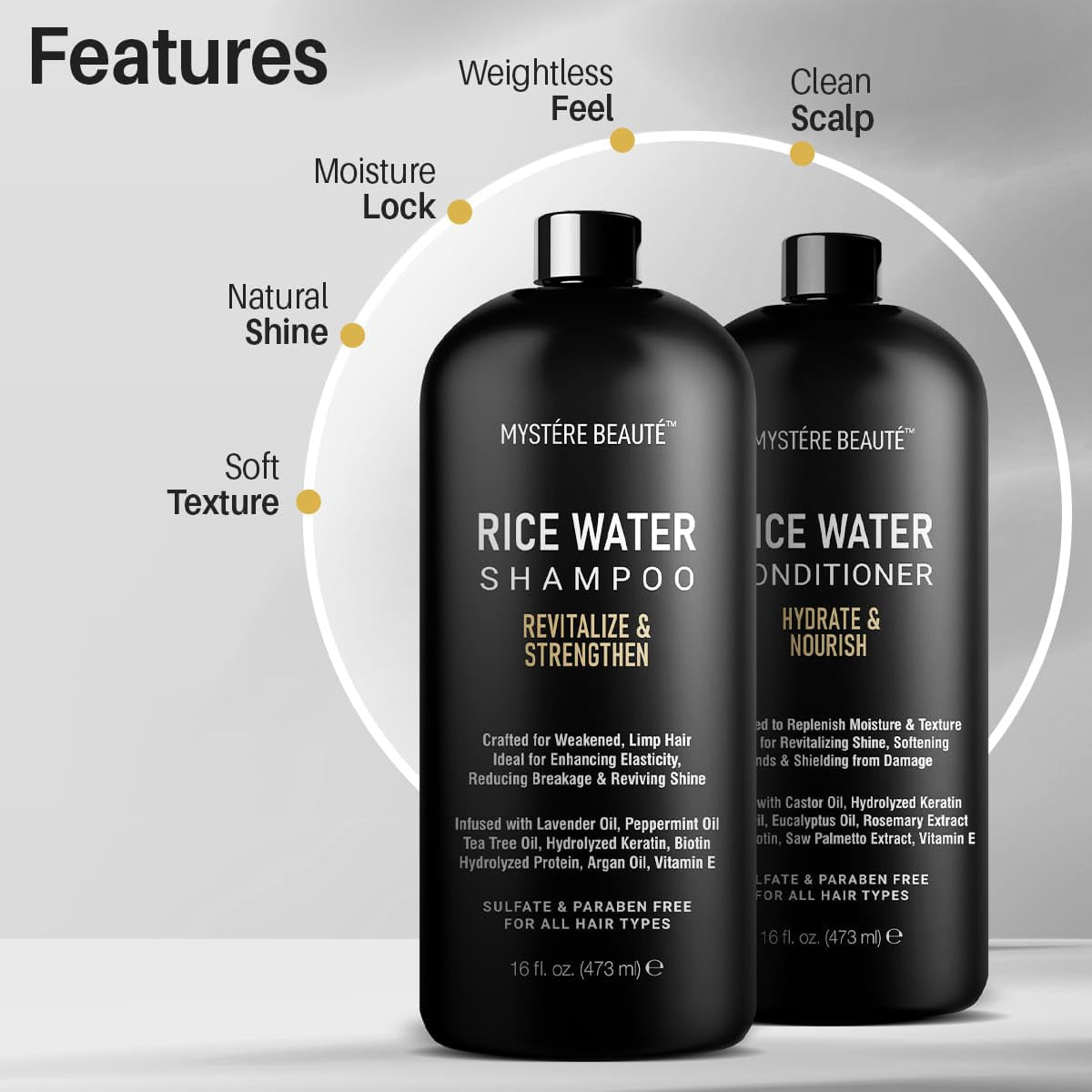 Rice Water Shampoo and Conditioner Set - Ultra-Nourishing Hair Care Set, Promotes Growth, Revitalizes Shine, and Shields from Damage - Infused with Essential Oils - 16 Fl Oz Each
