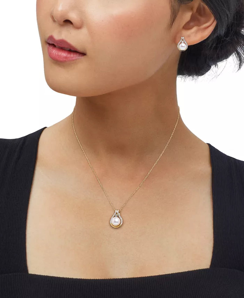 2-Pc. Set Cultured Freshwater Pearl (8 & 9Mm) & Diamond Accent Halo Pendant Necklace & Matching Stud Earrings in 14K Gold-Plated Sterling Silver