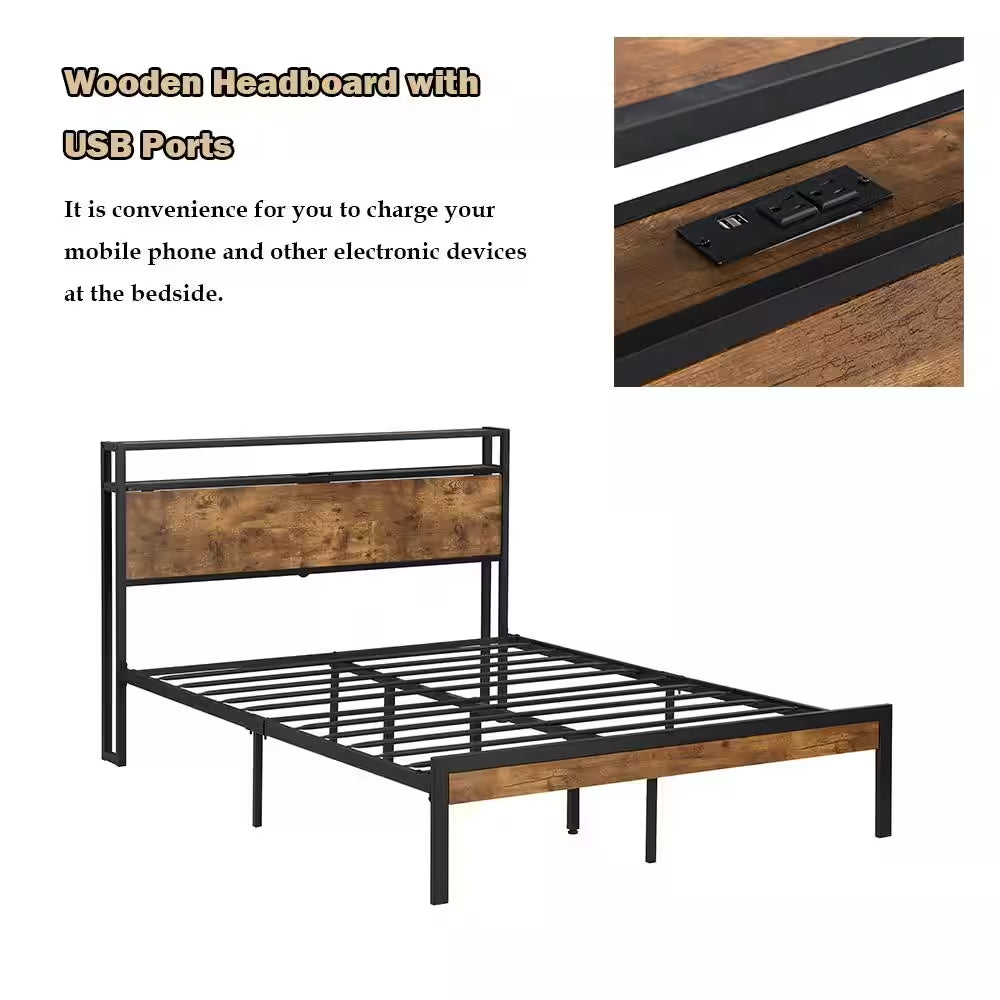 Modern Industrial Black Metal Frame Queen Platform Bed with Wooden Storage Headboard, Charging Station, Underbed Storage