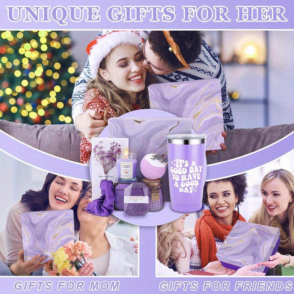 Lavender Bliss 8pcs Gift Set: Insulated Tumbler, Greeting Card, Hair Tie, Scented Candle, Bath Salts, Bath Bomb, Soap Bar - Alcohol-Free for All Skin Types