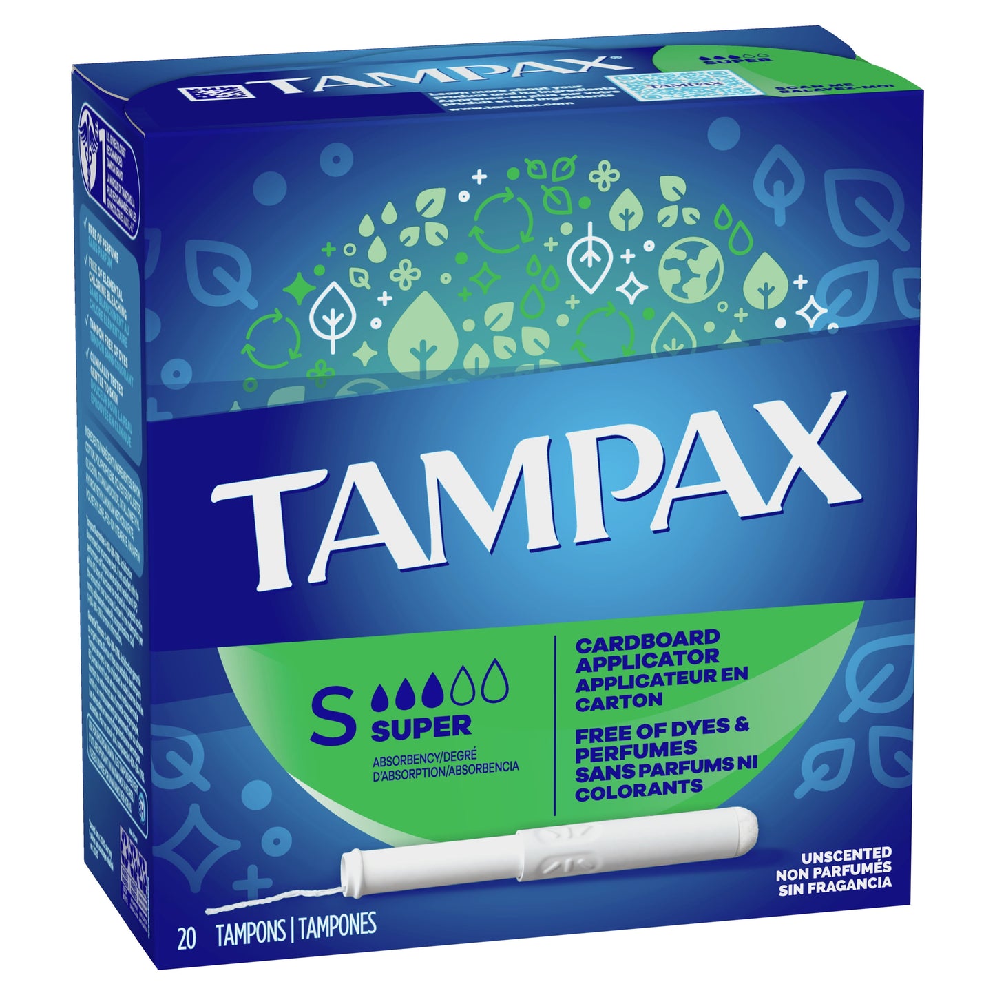 Cardboard Tampons Super Absorbency, Anti-Slip Grip, Leakguard Skirt, Unscented, 20 Count