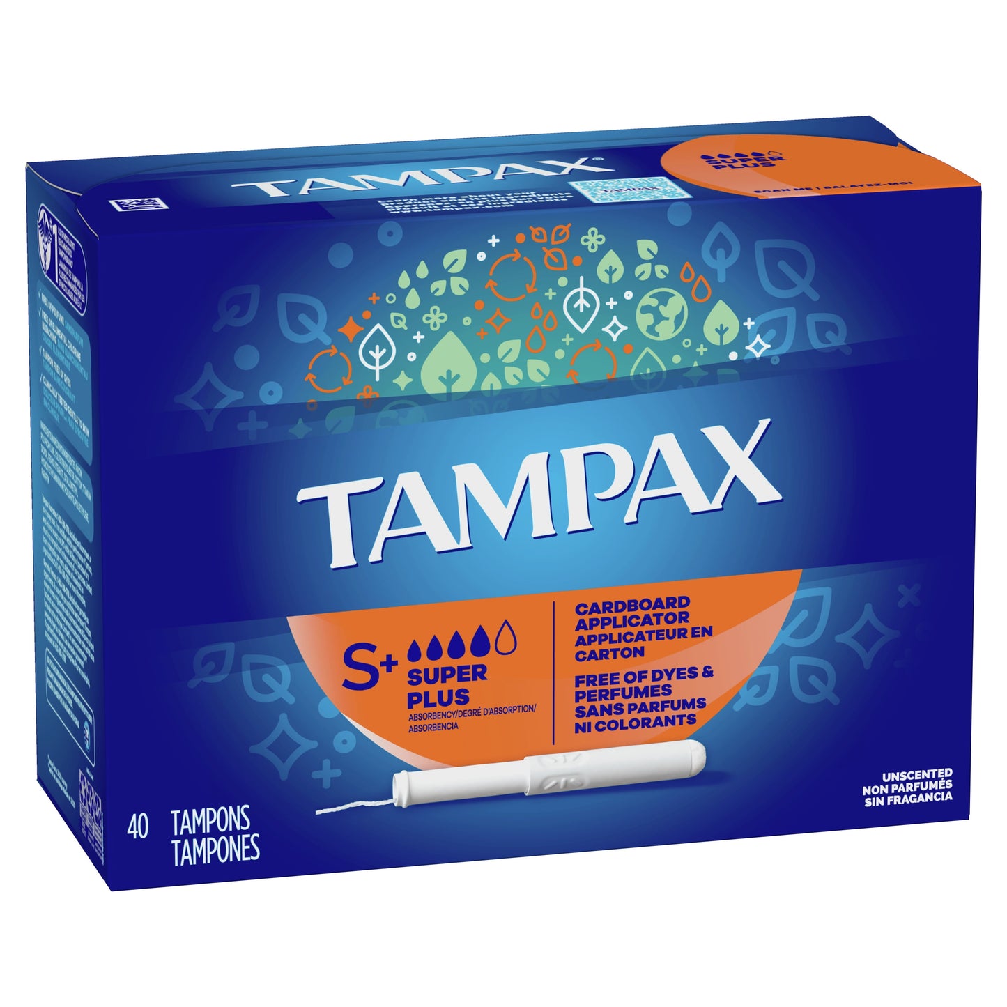 Cardboard Tampons Super plus Absorbency, Anti-Slip Grip, Leakguard Skirt, Unscented, 40 Count