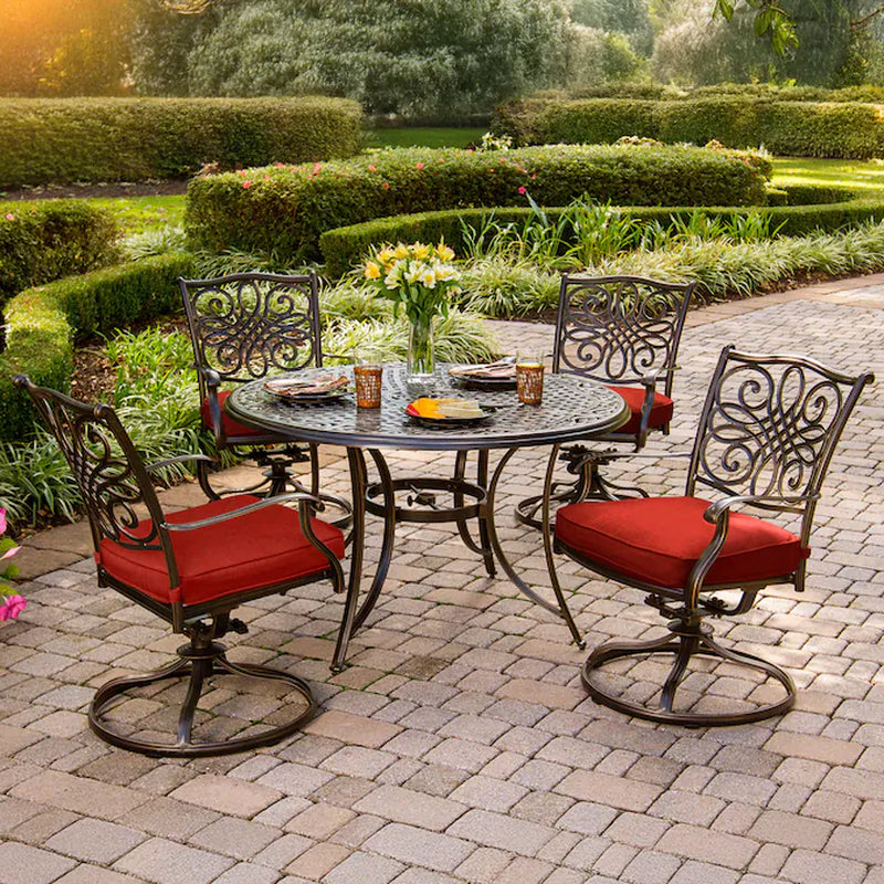 Traditions 5 -Piece Bronze Patio Dining Set Aluminum round Table with 4 Tan Cushions Swivel Chairs