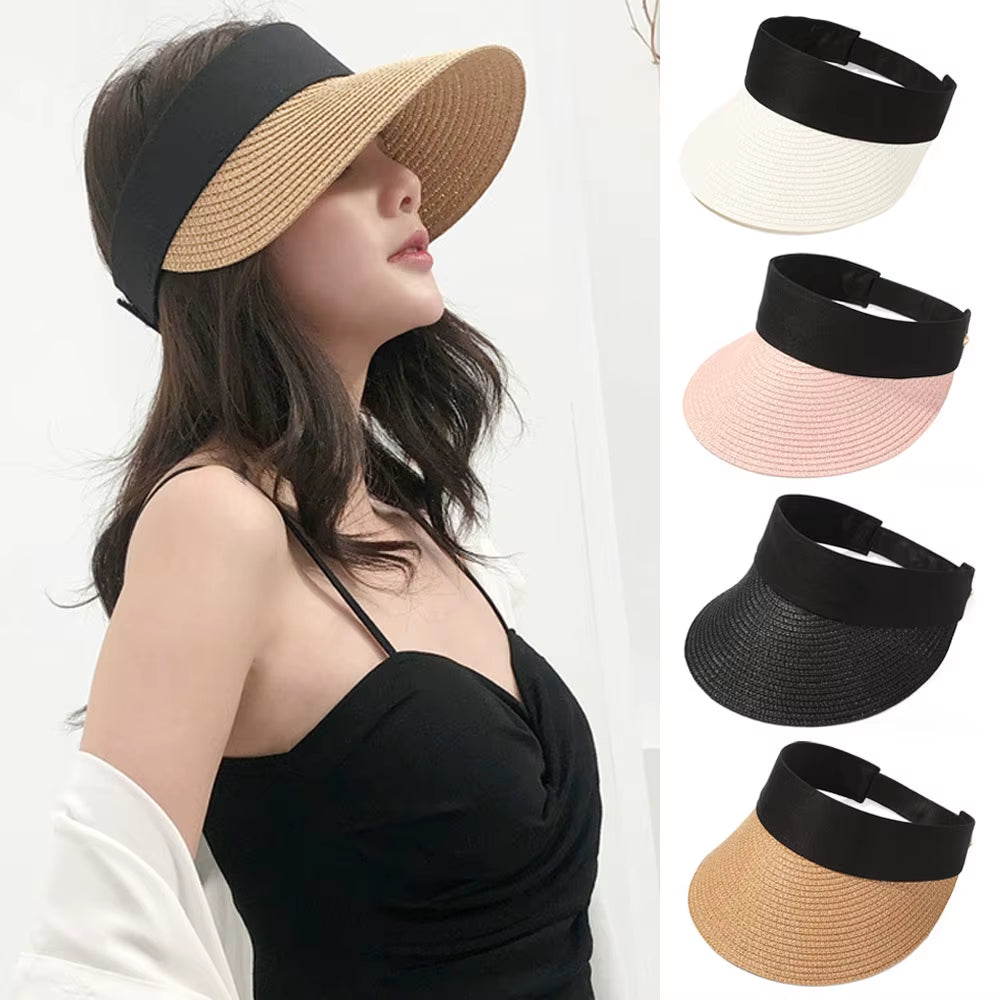 Summer Empty Top Suncap Portable Foldable Magic Tape Roll-Up Beach Hat Wide Brim Women Sun Hat Fashion Casual Straw Cap Visors