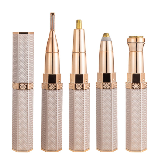 4-in-1 Portable Electric Trimmer Kit - USB Rechargeable, 150mAh Lithium Polymer Battery, Rose Golden & White - Ideal for Eyebrows, Nose, Legs, Armpits & Bikini Hair Removal with Precision Attachments, Personal Grooming Kit|St