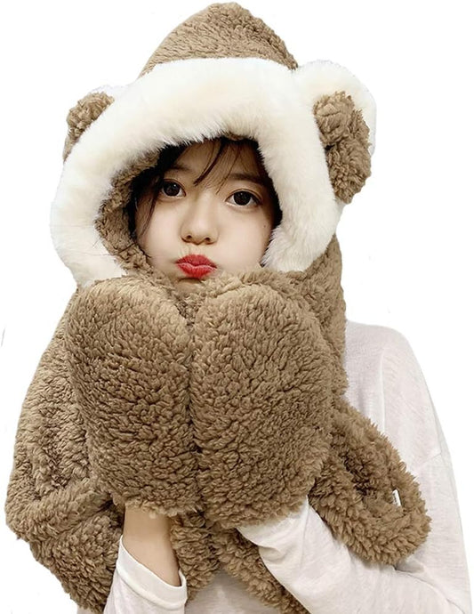 Womens Cute Winter Thick Warm Long Hooded Scarf with Mittens