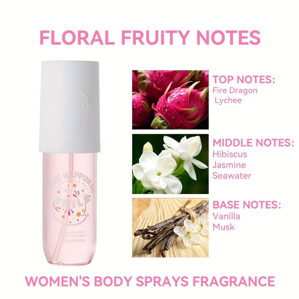 100ml/3.4fl.oz Women's Body Mist Spray, , "Smile Happiness" Fragrance Mist With Floral Fruity Notes, Fire Dragon, Lychee, Hibiscus, Jasmine, Seawater & Vanilla, For All Occasions Gift For Women