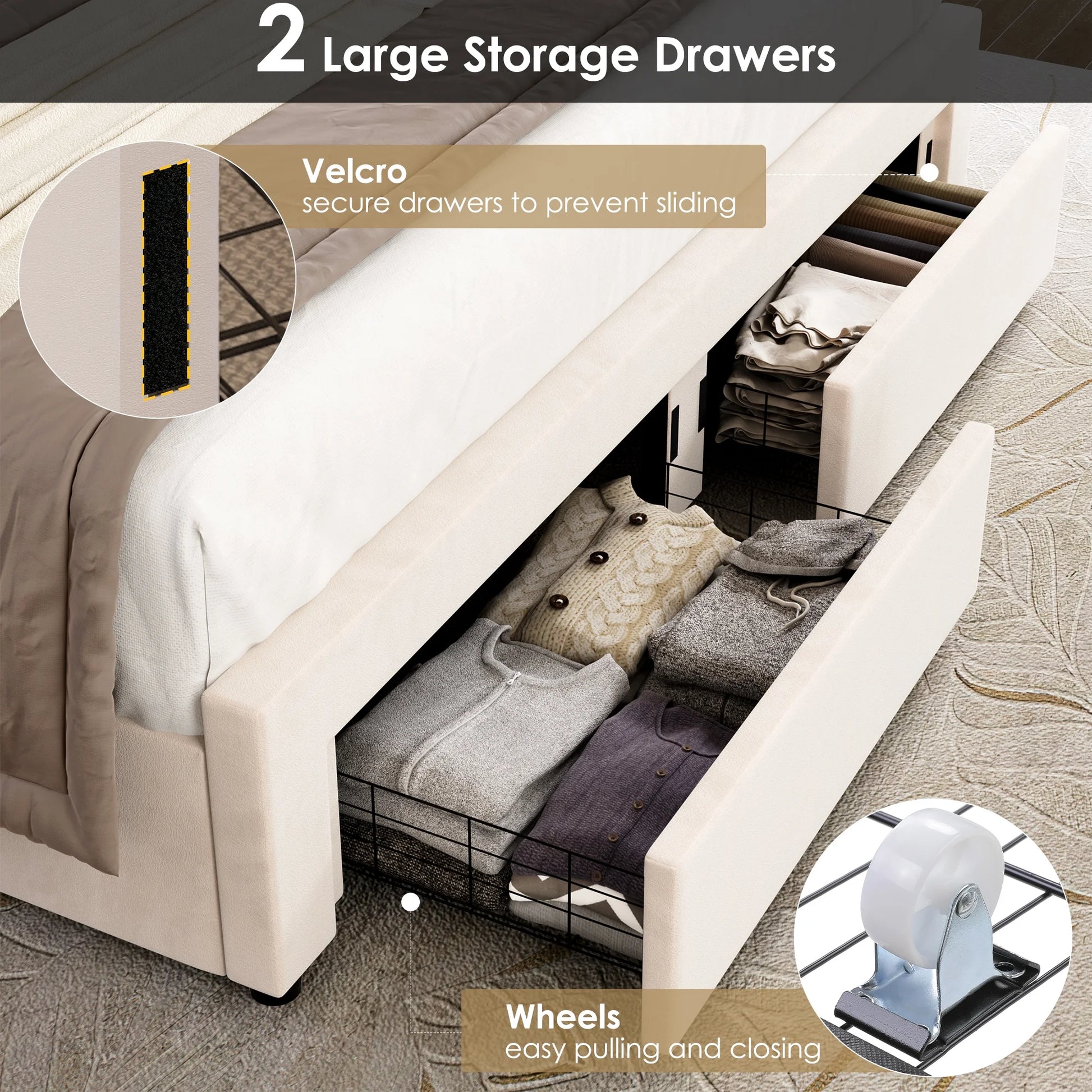 Queen Size LED Bed Frame with 2 Drawer Storage, Wingback Platform Bed with Velvet Upholstered Headboard, Off-White