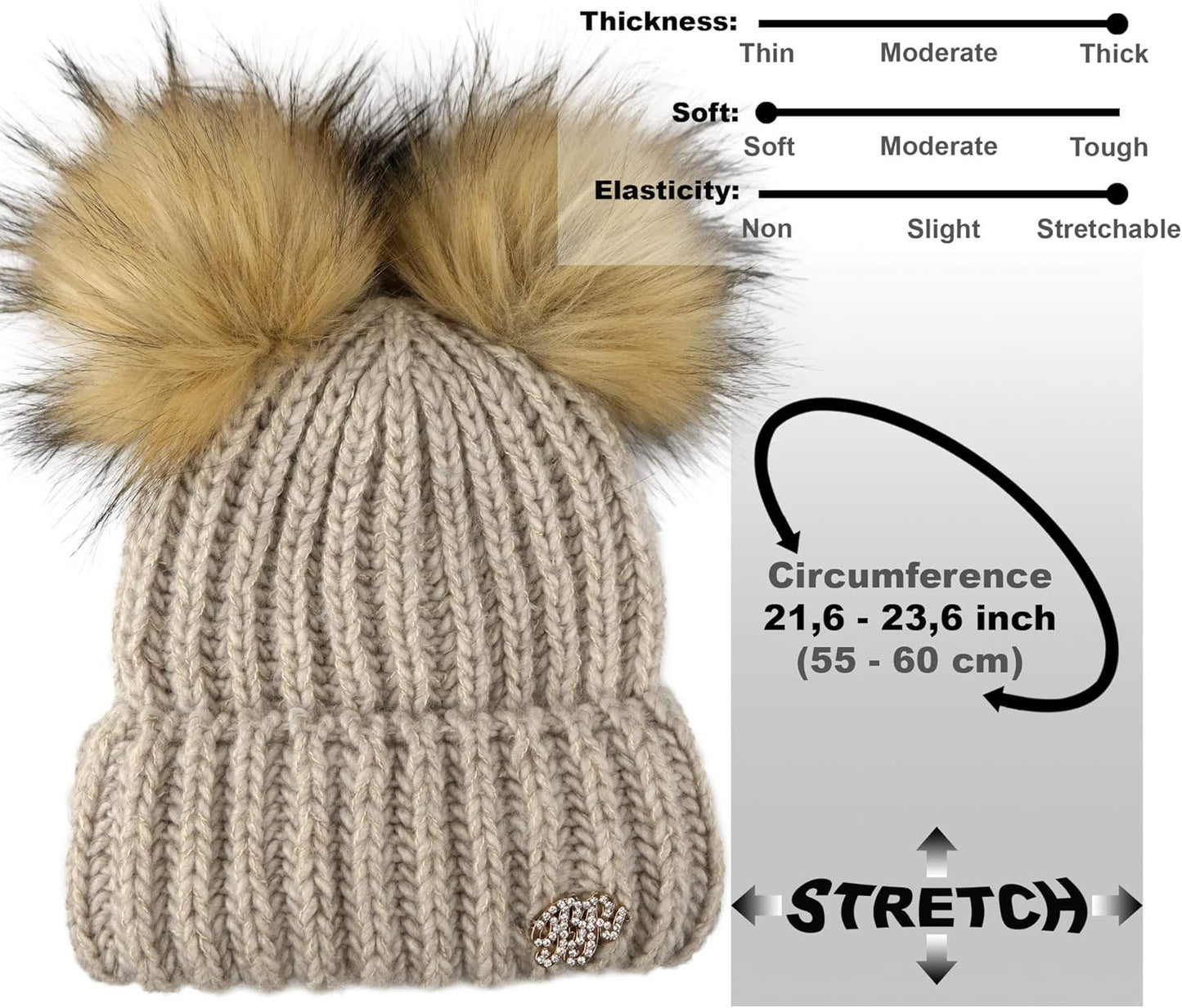 Beanie for Women - 2 Pom Cable Knit Winter Warm Fleece Hat - Wool Snow Cuff Ski Cap