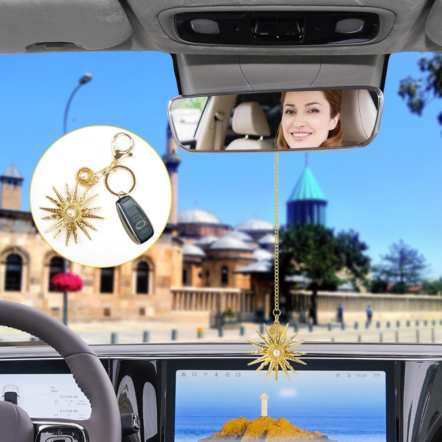 Sun Hanging Rear View Mirror Accessories, Boho Aesthetic Keychain Rearview Mirror Hanging Car Charm Ornament for Women & Men (Gold)