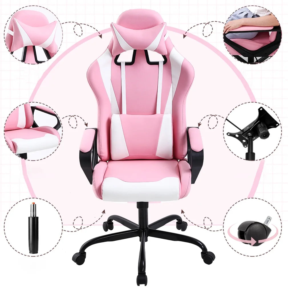 Racing Style Gaming Chair with Adjustable Pillows and Reclining Backrest for Women Gamers(Pink)