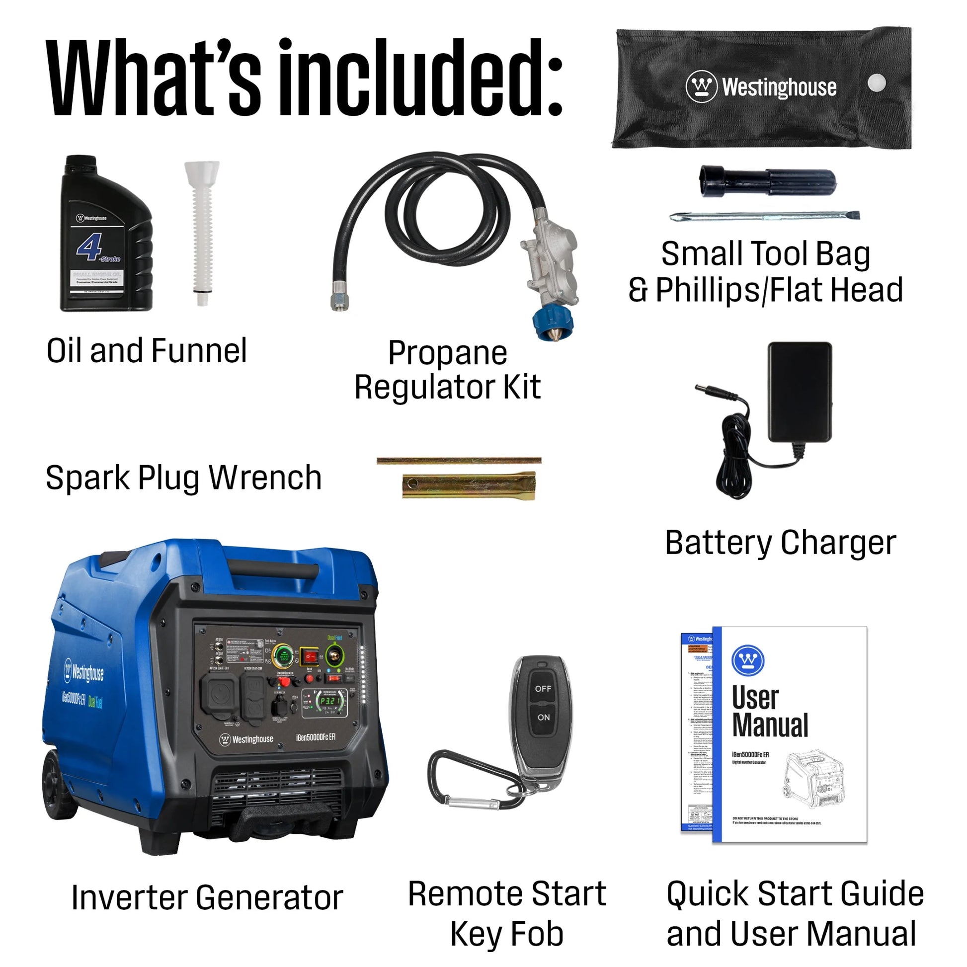 5000 Peak Watt Super Quiet Dual Fuel Portable Inverter EFI Generator, Remote Electric Start, Gas & Propane Powered, RV Ready, CO Sensor, CARB Compliant