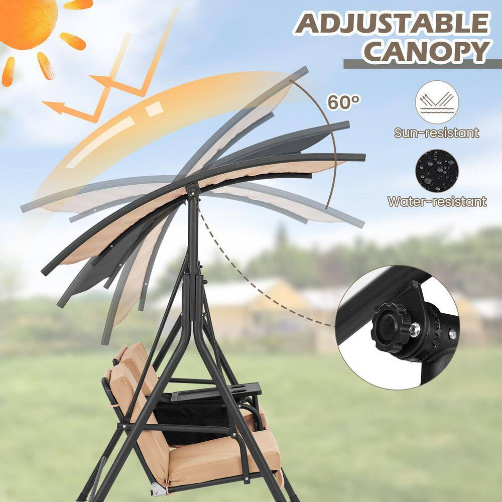 2-Person Metal Patio Swing Chair with Adjustable Canopy, 360° Rotatable Tray, Beige