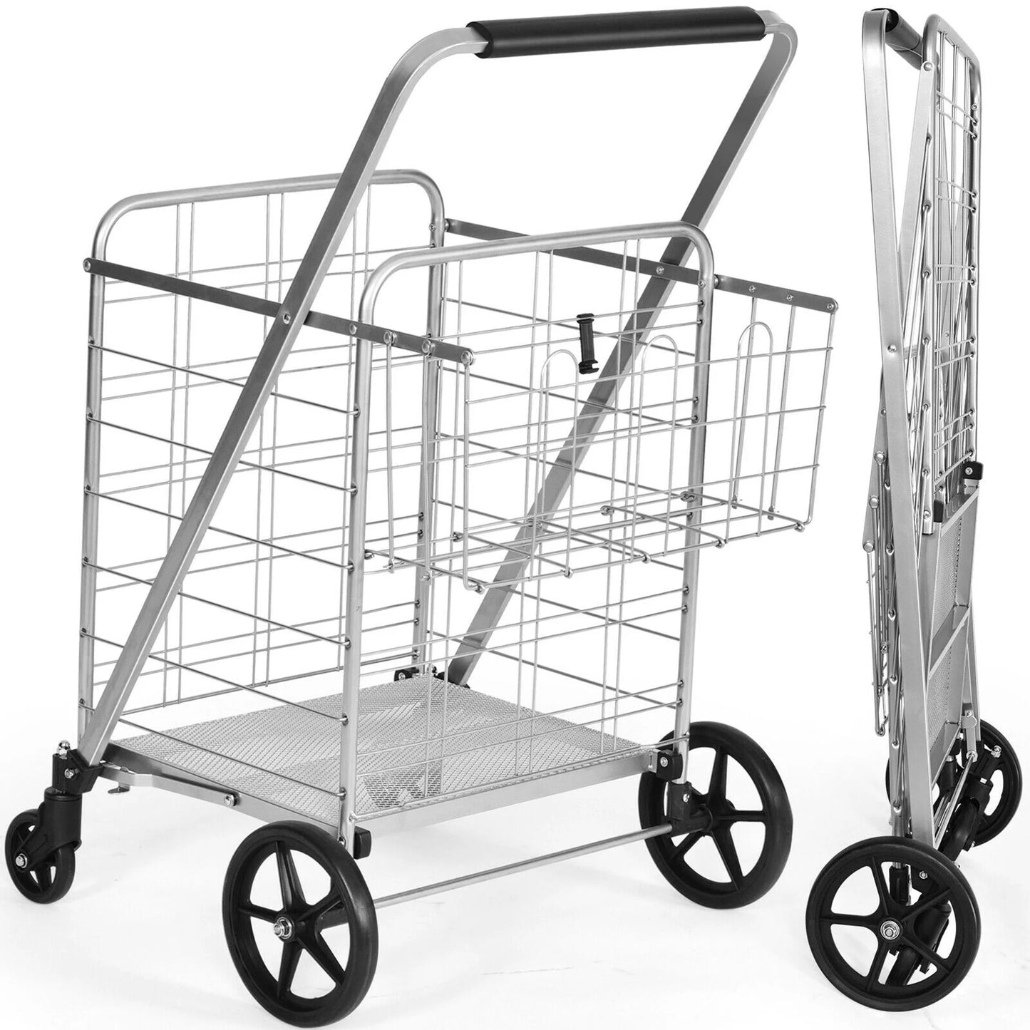 330Lbs Heavy Duty Folding Shopping Cart Utility Jumbo Double Basket Silver