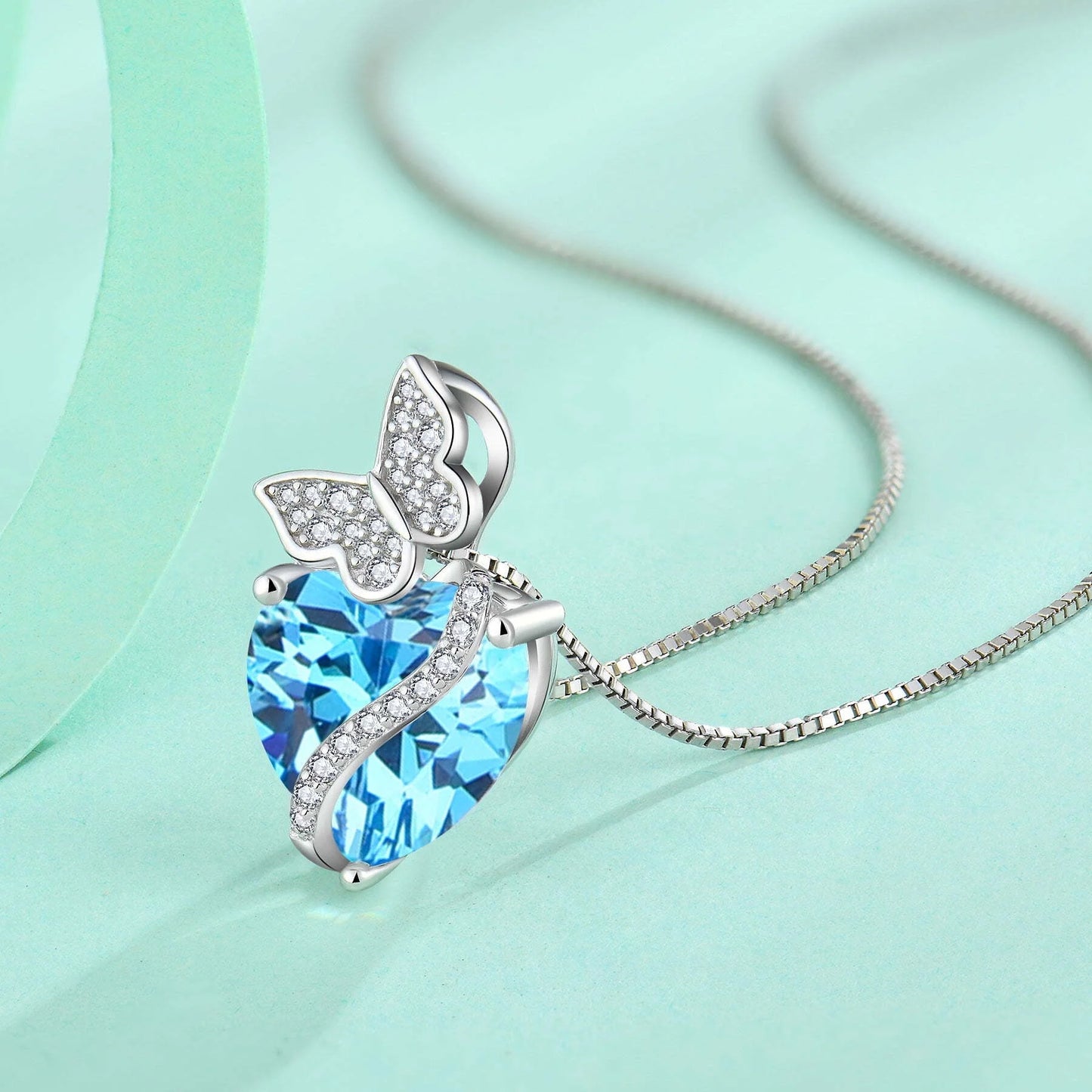 Sterling Silver March Birthstone Heart Necklace Butterfly Pendant Jewelry Gift for Women