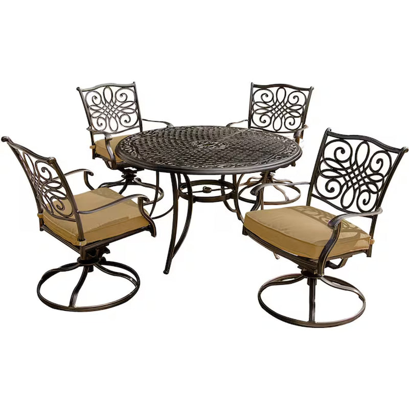 Traditions 5 -Piece Bronze Patio Dining Set Aluminum round Table with 4 Tan Cushions Swivel Chairs