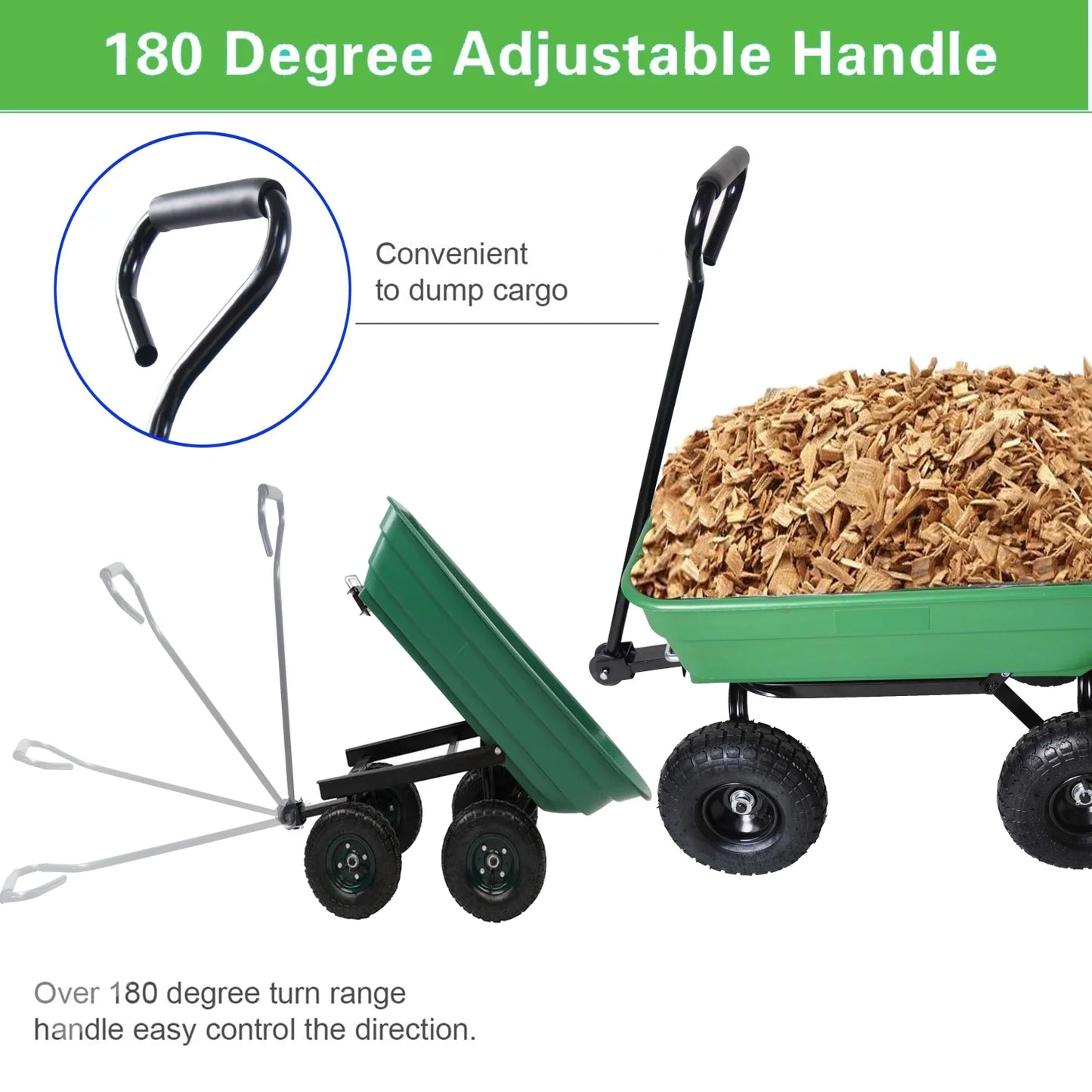 55L Folding Garden Cart 4 Wheel Dump Truck, 220Lb Capacity, 10" Pneumatic Tire, Green