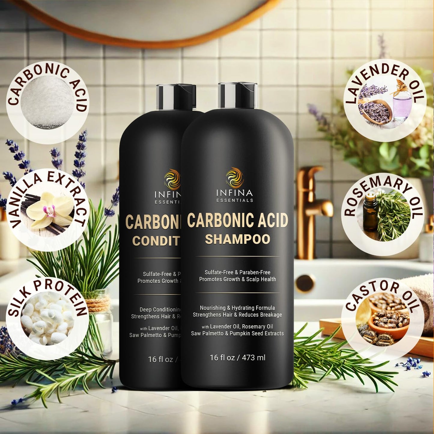 Carbonic Acid Shampoo and Conditioner Set for Men & Women - Sulfate-Free Hair Growth Shampoo and Conditioner - 16 F Oz Each, Black