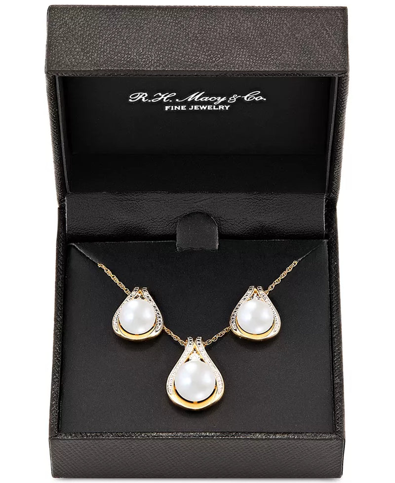 2-Pc. Set Cultured Freshwater Pearl (8 & 9Mm) & Diamond Accent Halo Pendant Necklace & Matching Stud Earrings in 14K Gold-Plated Sterling Silver