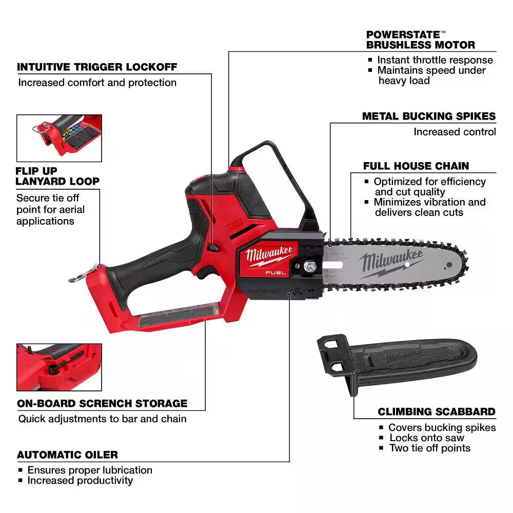 M18 FUEL 8 In. 18V Lithium-Ion Brushless Electric Battery Chainsaw HATCHET W/M18 FUEL 16 In. Chainsaw Kit (2-Tool)