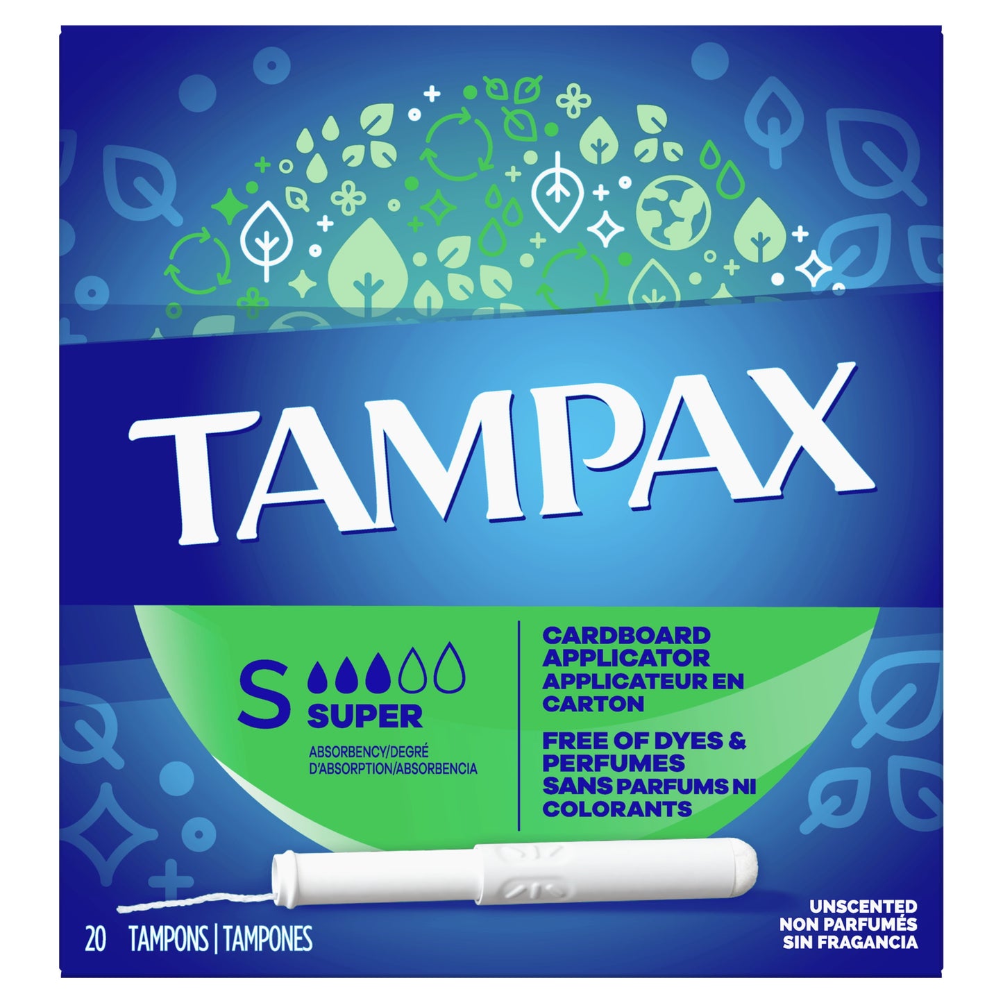Cardboard Tampons Super Absorbency, Anti-Slip Grip, Leakguard Skirt, Unscented, 20 Count