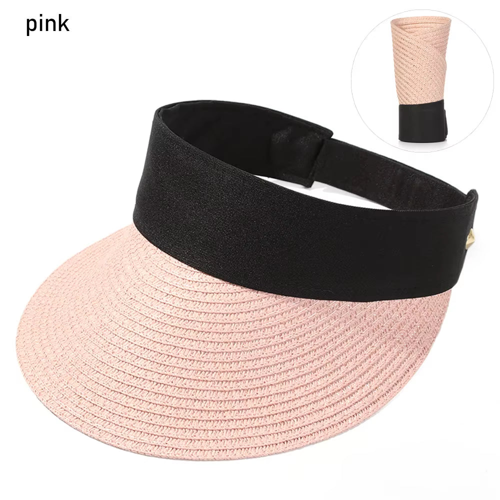 Summer Empty Top Suncap Portable Foldable Magic Tape Roll-Up Beach Hat Wide Brim Women Sun Hat Fashion Casual Straw Cap Visors