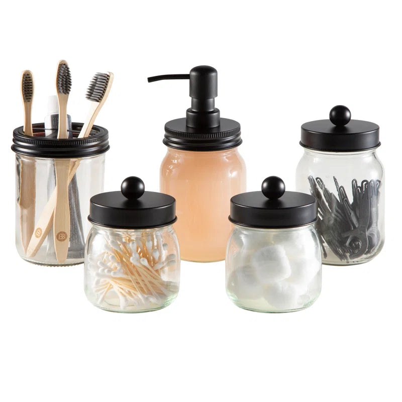 Mason Jar 5-Piece Bathroom Set with Toothbrush Holder, Soap Dispenser, Canister, & 2 Small Jars