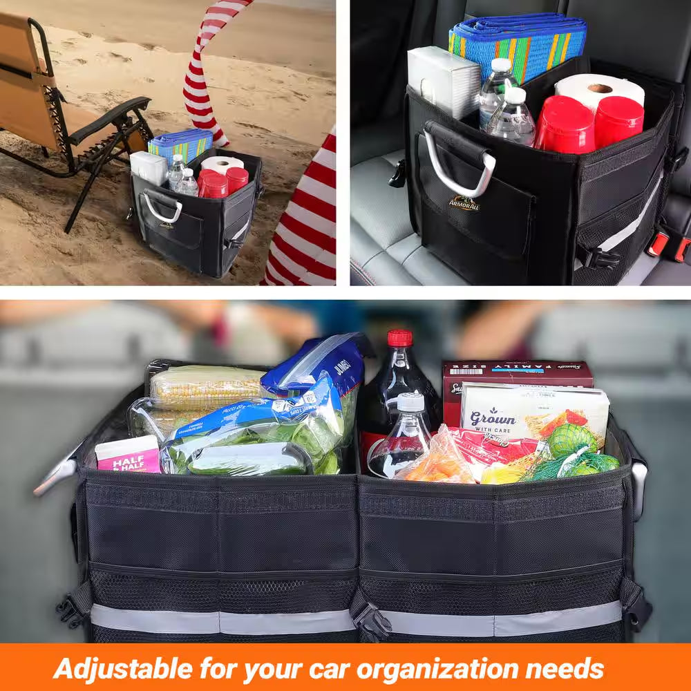 Collapsible Cargo Organizer with Lid and Buckles, 8 Compartments, Great for Groceries and Cleaning