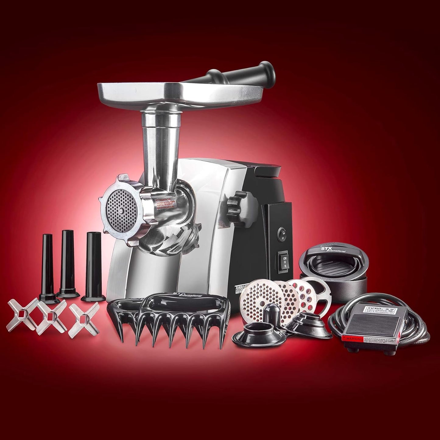 Turboforce Cadet 2000 Series Electric Meat Grinder | 6-In-1 Multifunctional | Foot Pedal | Sausage Stuffer | Kubbe Maker | 4 Grinding Die | Stainless Steel Blades & More Included