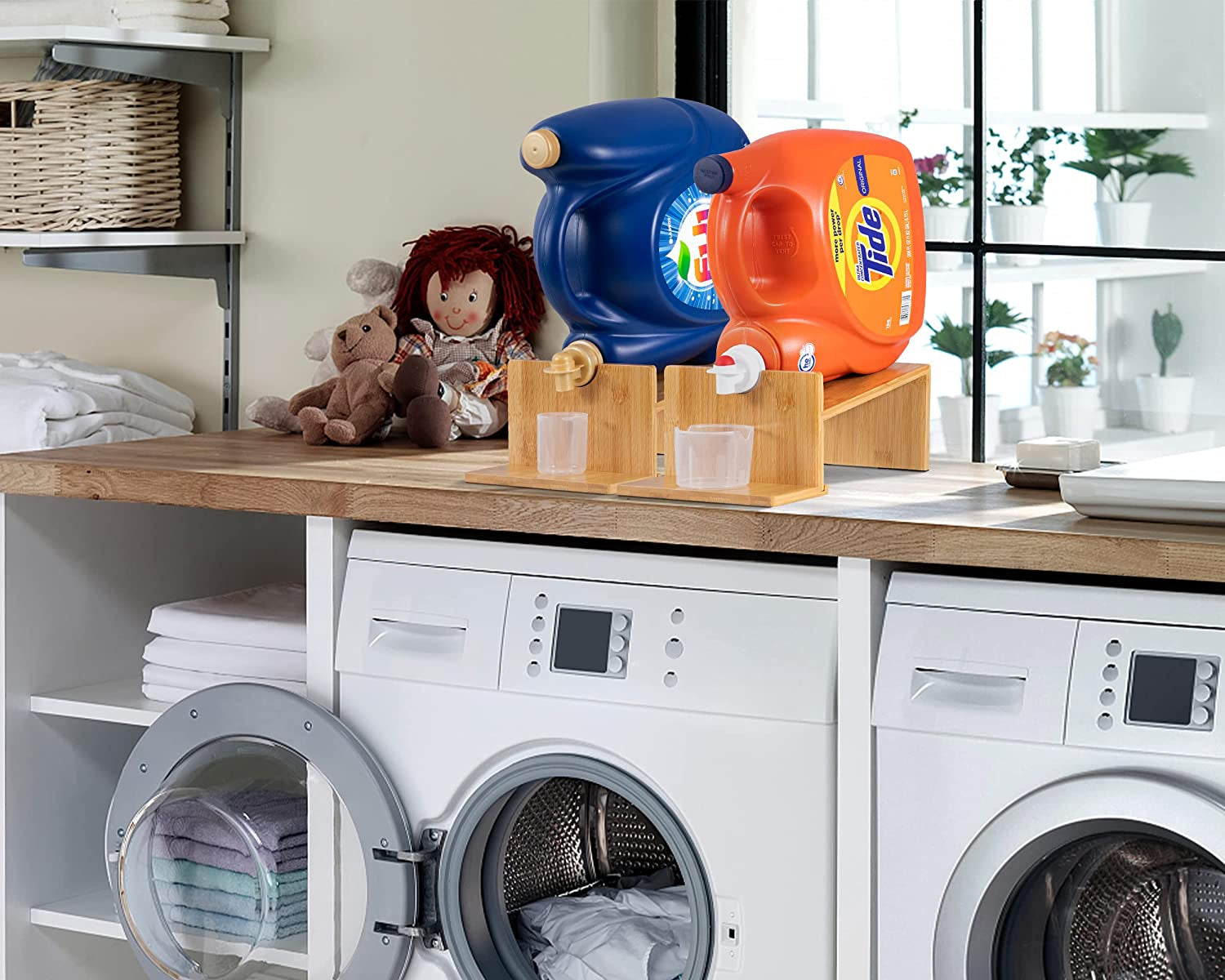 2PK Laundry Detergent Holder,Wooden Laundry Detergent Dispenser for Laundry Room