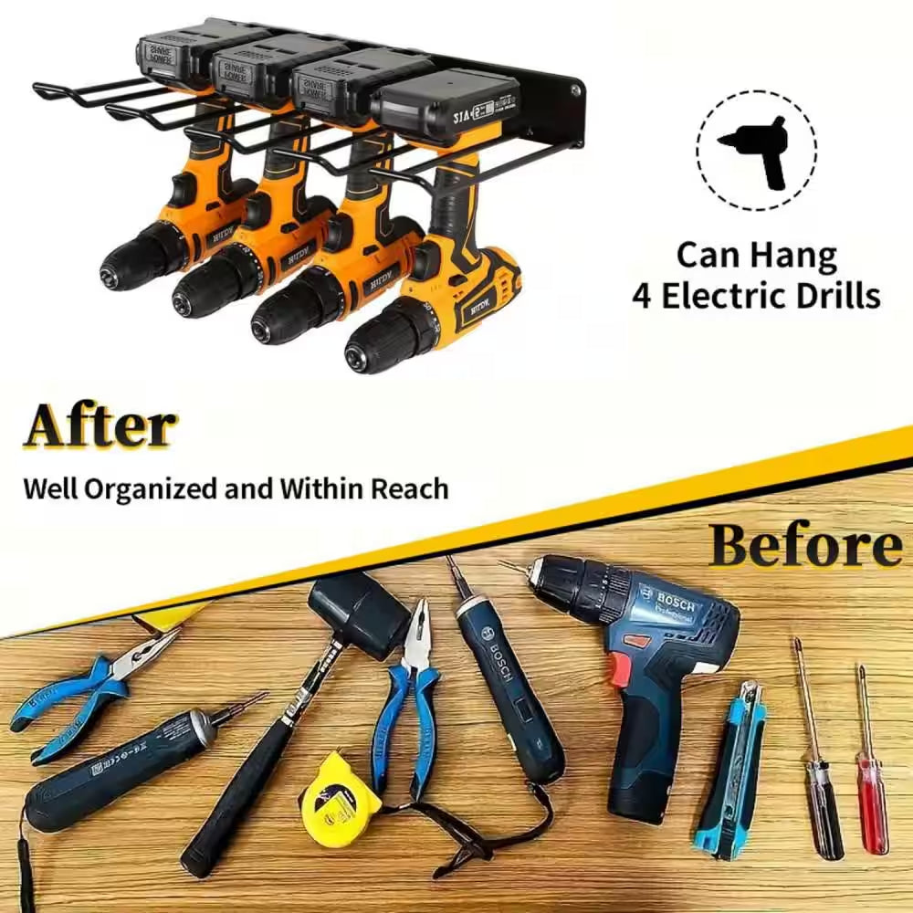 Black Utility Storage Rack, Wall Mounted Power Tool Organizer Holder with 2-Layers and 4-Drill Holder