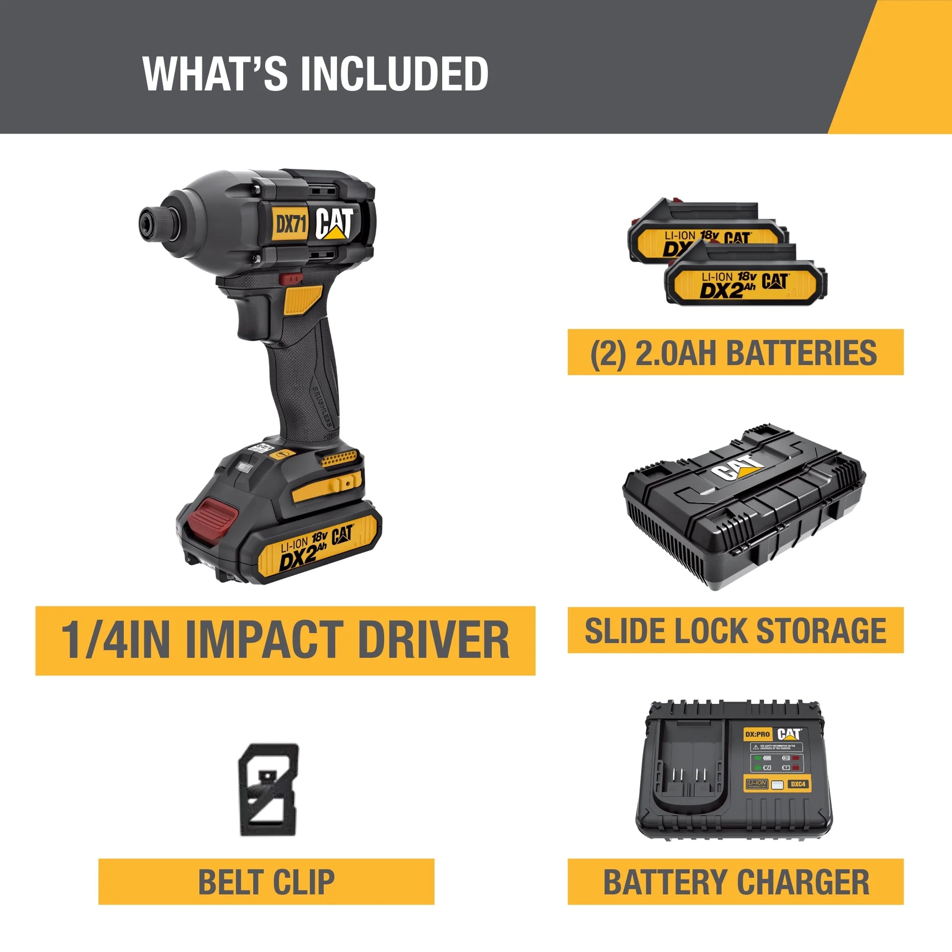 Caterpillar Cat® DX71 18V 1/4” Cordless High-Torque Impact Driver, Brushless with 3 Speed Settings – 2 Batteries & Charger Included