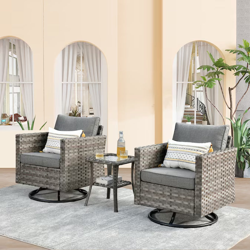 Shine Set of 2 Rattan Gray Swivel Rocker Rocking Chair with Orange Cushioned Seat