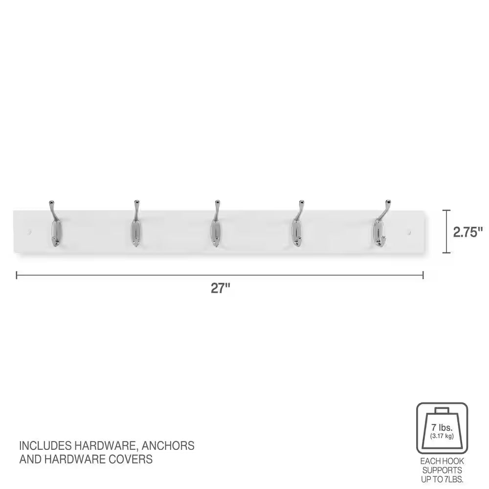 27 In. X 4 In. MDF Wall Mounted Classic Coat Rack, White