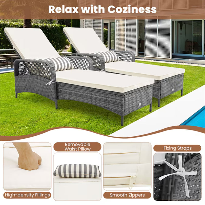 Outdoor Chaise Lounge Chair Recliner Rattan Mix Gray Steel Frame Stationary Chaise Lounge Chair with Off-White Polyester Cushioned Seat
