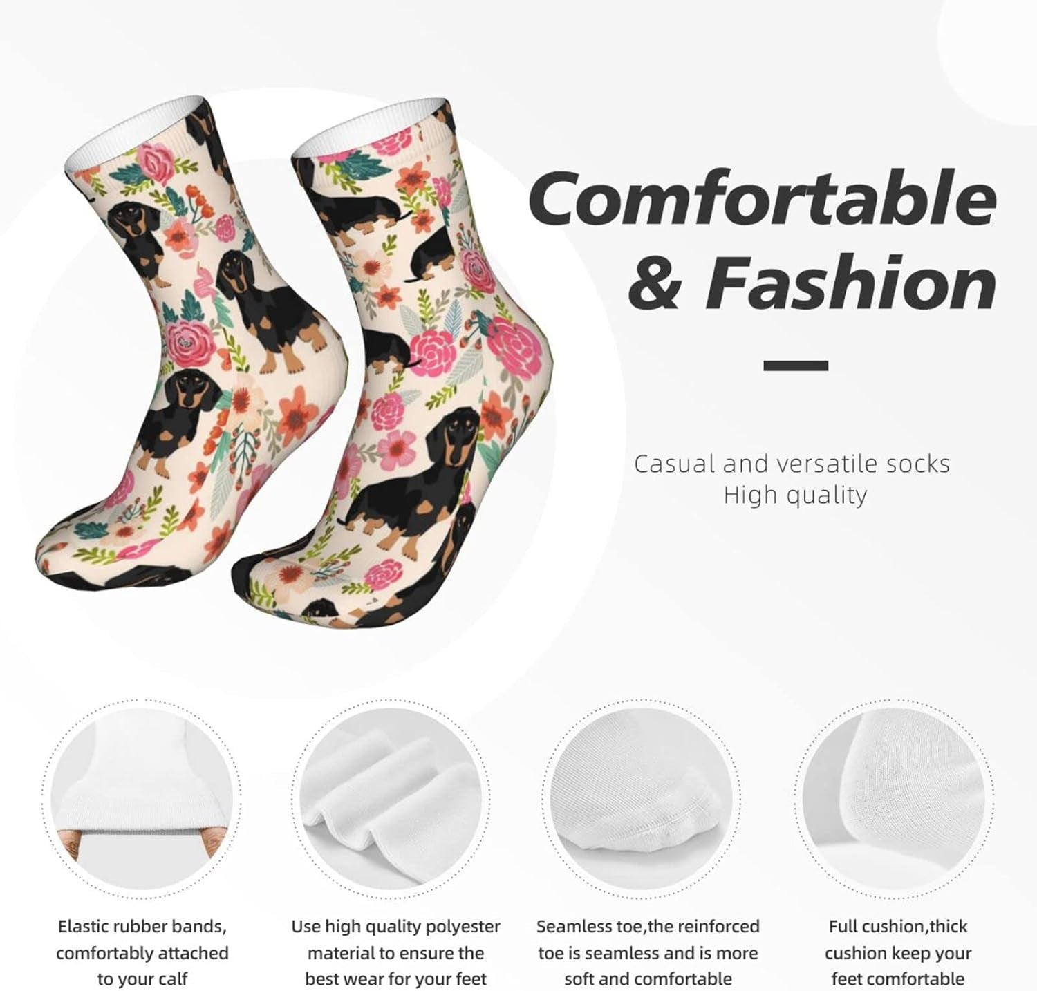 Dachshund Socks for Women,Funny Novelty Crew Crazy Socks Gifts for Men Women Pink Flowers