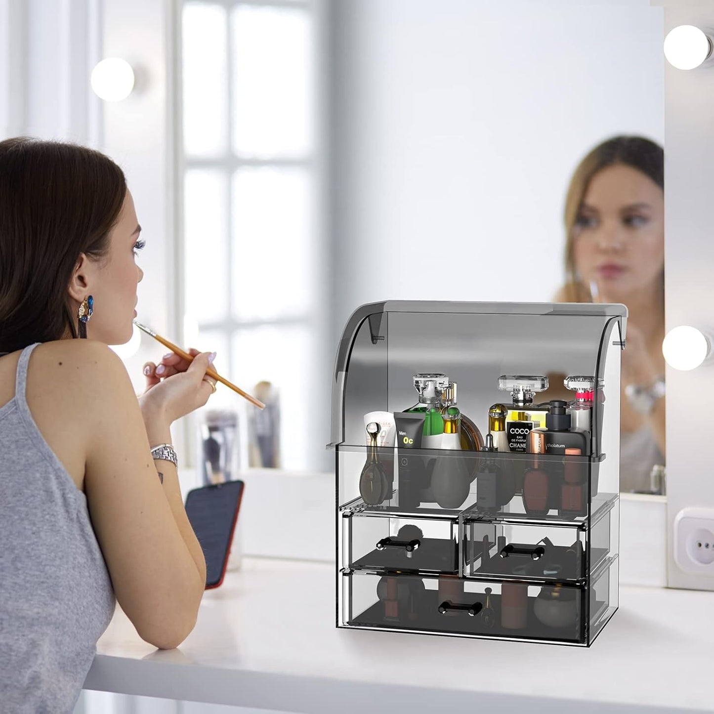 Cosmetic Makeup Organizer, Acrylic Cosmetic Display Cases with Lid for Dustproof Waterproof, Cosmetic Storage Box with 3 Drawers for Makeup Tools, Lipsticks, Perfume, Jewelry (Black Clear)