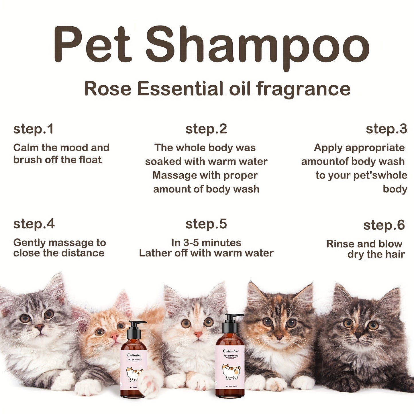 1pc GentleCare Catindra Pet Shampoo - Soothing Rose Essential Oil Fragrance, Tear-Free Formula, Non-Irritating, Odor-Eliminating, Softening Fur Care for Dogs and Cats - 300ml Bottle