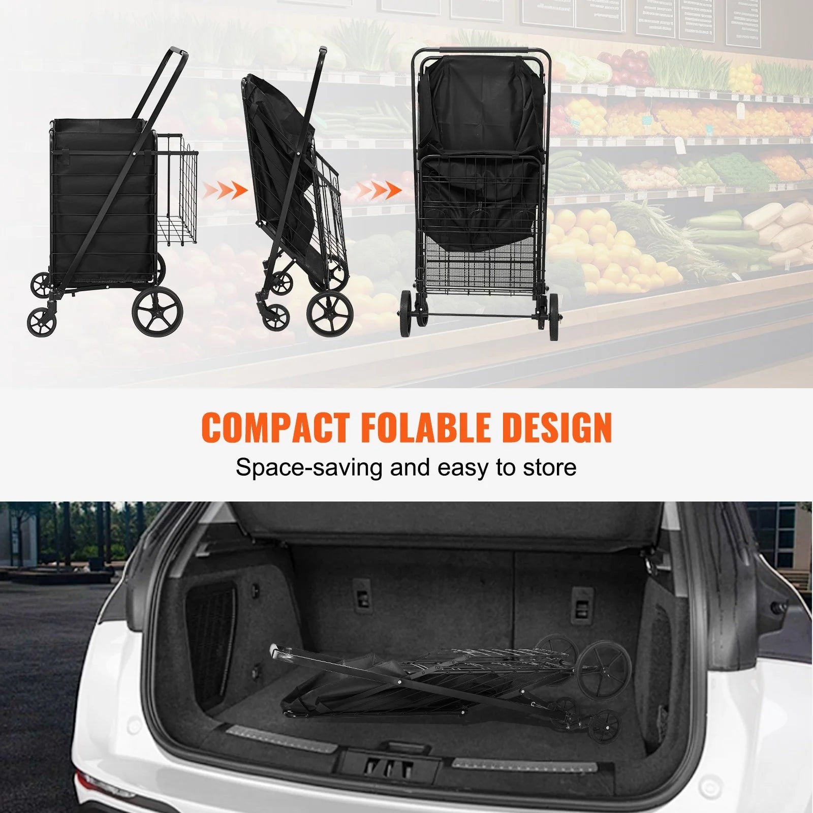VEVOR Folding Shopping Cart with Removable Waterproof Liner, 330LBS Large Capacity Jumbo Grocery Cart with Dual Basket, 360¡Ã Swivel Wheels, Dense Metal Mesh Base, Heavy Duty Utility Cart for Shopping