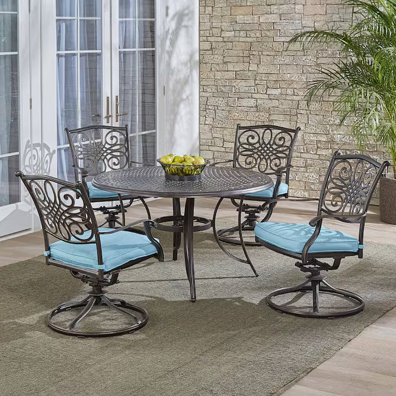 Traditions 5 -Piece Bronze Patio Dining Set Aluminum round Table with 4 Tan Cushions Swivel Chairs