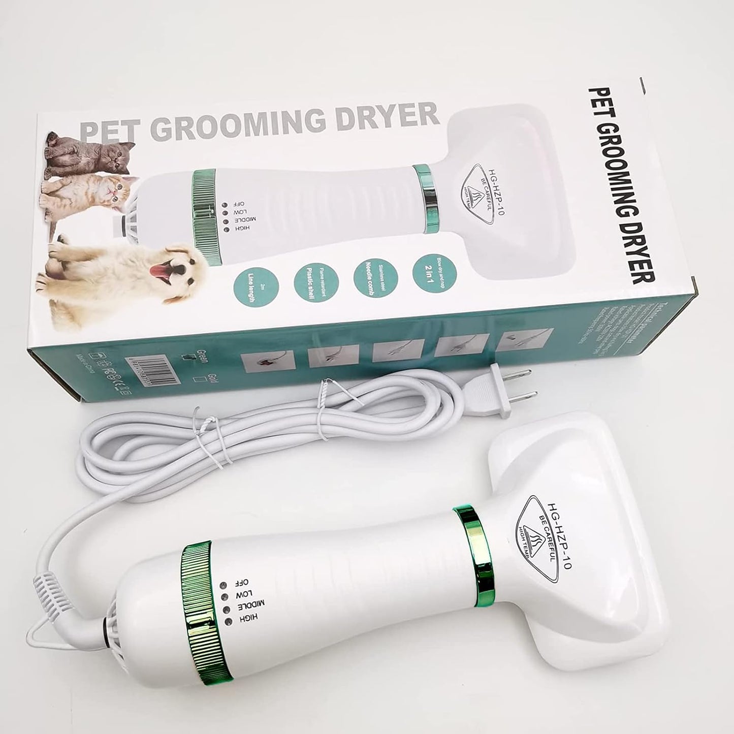 Pet Hair Dryer Portable 2 in 1 Upgraded Professional Quiet Dog Cat Hair Furry Blower, Home Pet Grooming Dog Hair Comb 3 Heat Settings Pet Brush for Small Medium Large Dog Kitten (Green)