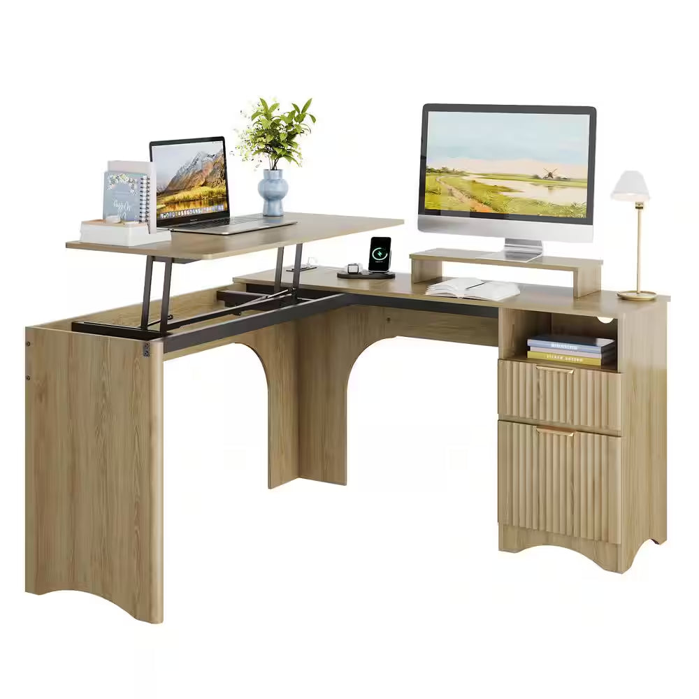 55 In. Natural 2-Storage Drawers L-Shaped Computer Desk with Power Outlets, Lift-Top and Monitor Stand