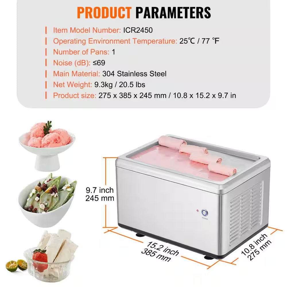 Fried Ice Cream Roll Machine, 12.6 X 8.5In. Stir-Fried Ice Cream Pan, Stainless Steel Rolled Ice Cream Maker, Compressor