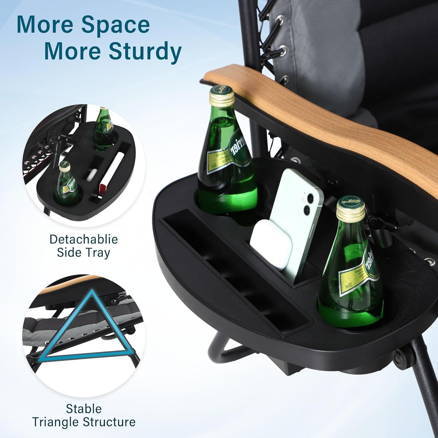Zero Gravity Chairs, Oversized Patio Recliner Chair, Padded Folding Lawn Chair with Cup Holder Tray, Support 400Lbs, Grey