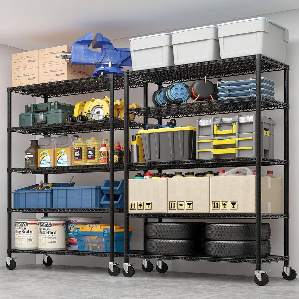 5-Tiers Steel Adjustable Garage Storage Shelving Unit in Black with Wheels (55.12 In. W X 75.59 In. H X 23.62 In. D)