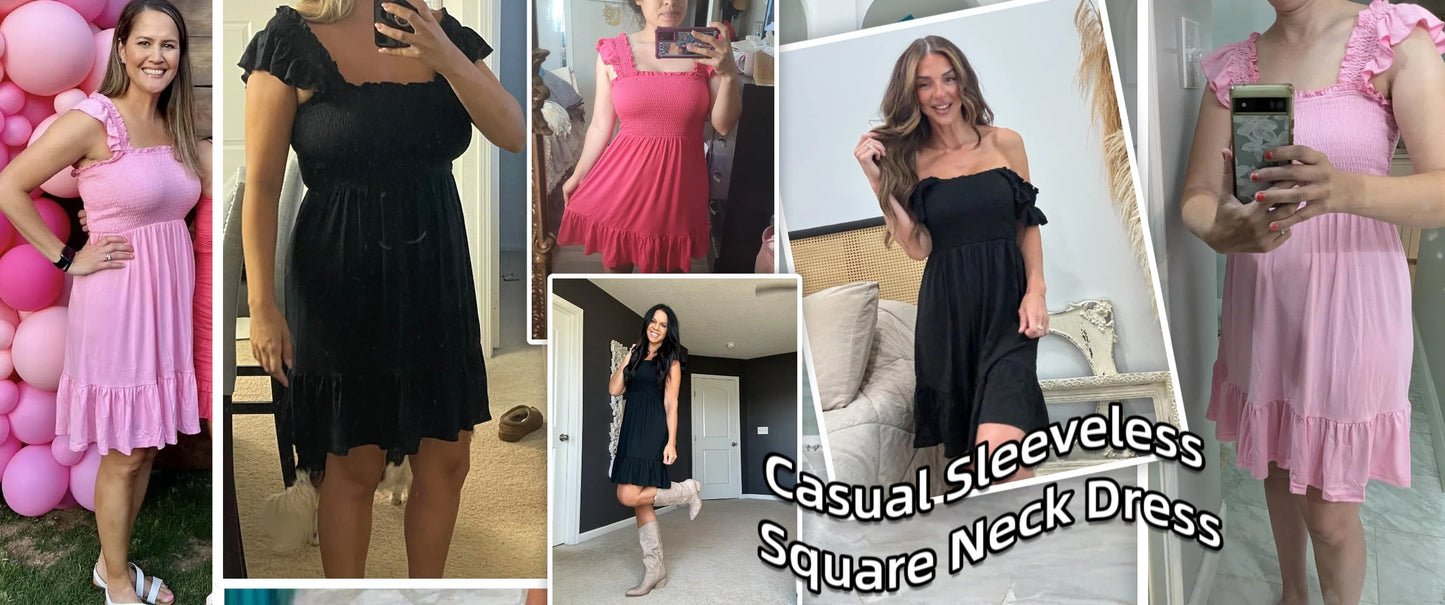 Summer Dresses for Women Casual Sleeveless Square Neck Midi Dress Ruffle Backless Swing Flowy Tiered Dress