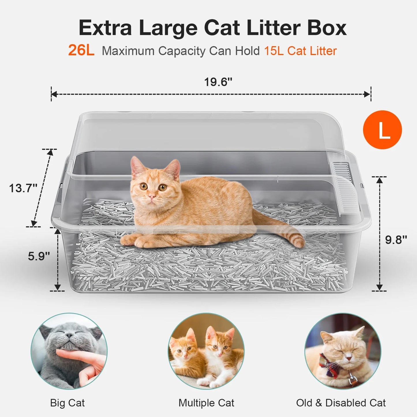 L Stainless Steel Cat Litter Box for Big Cats, MS-50 Metal Cat Litter Box with Scoop & Mat, Dark Gray