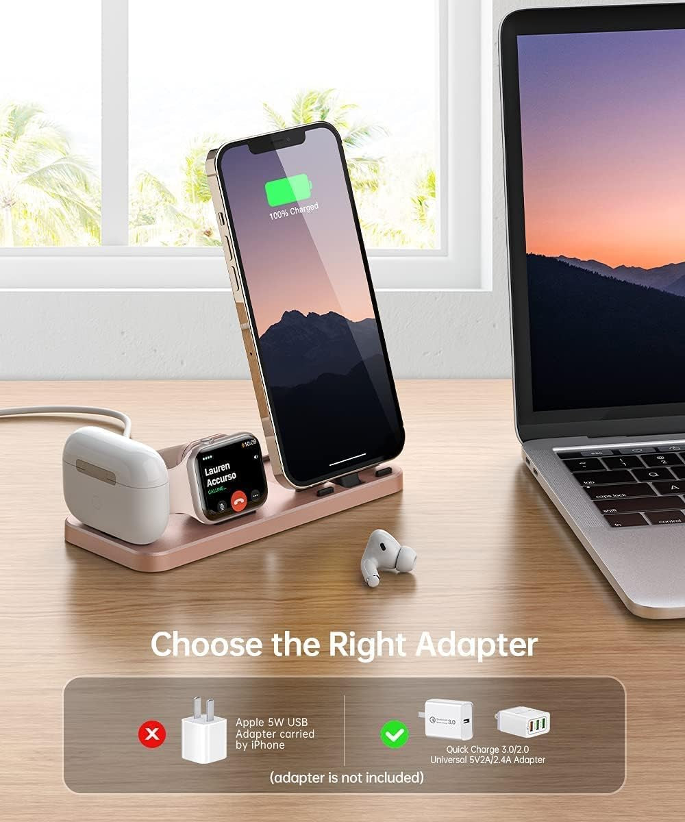 Portable 3 in 1 Charging Station for Apple Devices Foldable Charger Station for Apple Watch 7/6/SE/5/4/3/2/1 Charger Stand, Charging Dock Station for Iphone Airpods Pro 3/2/1 Rose Gold