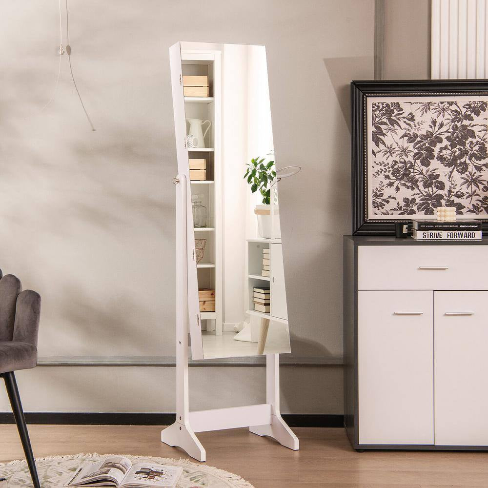 White Wood 16 In. W Standing Jewelry Armoire Cabinet Full Length Mirror Lockable with 3-Color LED Lights